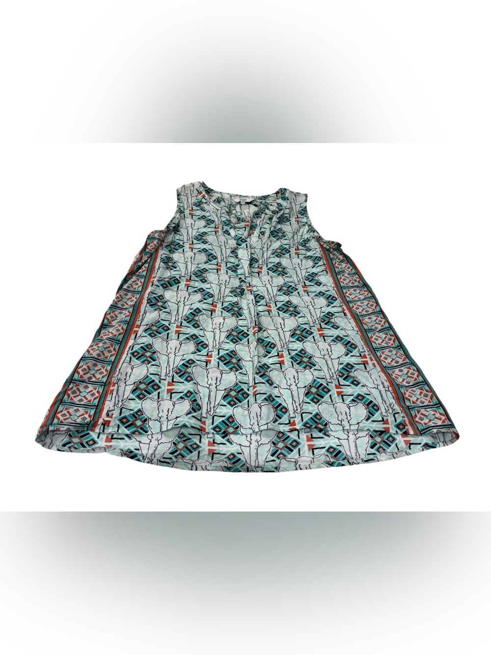Crown & Ivy Sleeveless Boho Elephant Print Sleeveless Blouse in Teal and Coral